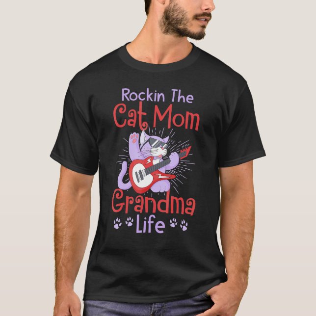 Camiseta Balançando a Vida de Mãe de Gato e Avó Feliz Dia d (Frente)