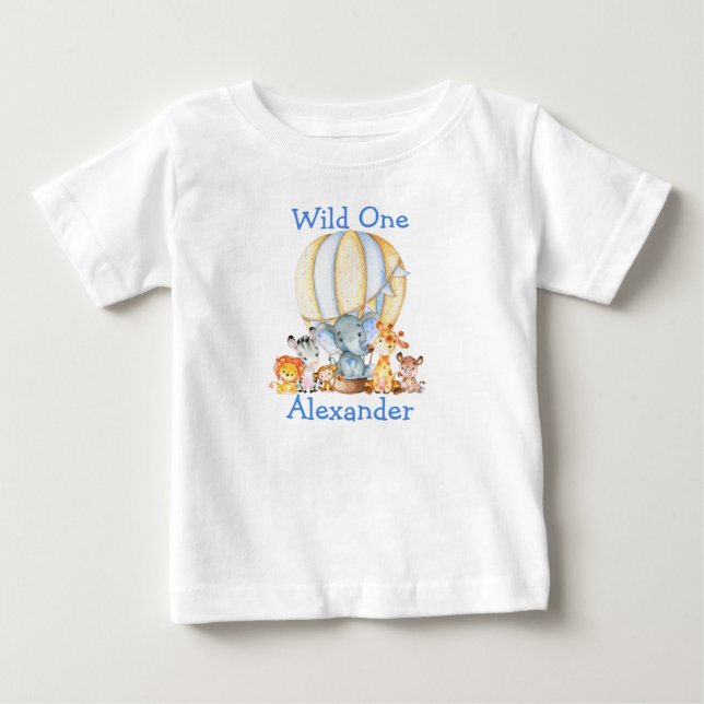 Camiseta Balão Azul de Animais Safari Selvagens de Um prime (Frente)