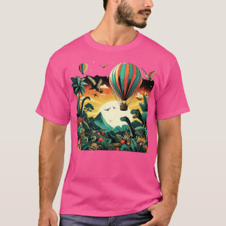 Camiseta balão de ar voando sobre uma floresta vibrante com