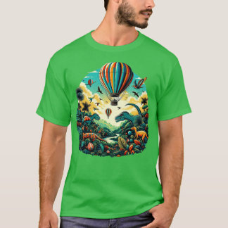 Camiseta balão de ar voando sobre uma floresta vibrante com