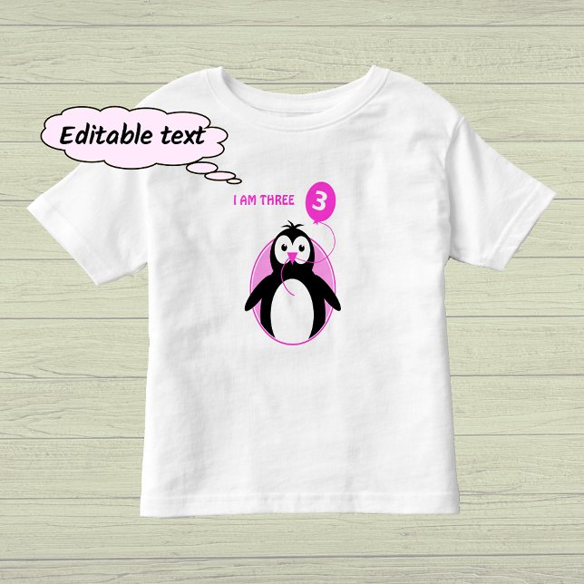Camiseta Balão rosa pinguim de terceiro aniversário (Criador carregado)
