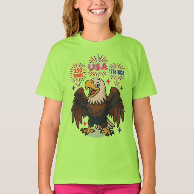 Camiseta Bald Eagle com Fireworks - EUA 250 Anos 1776-2026 (Frente)
