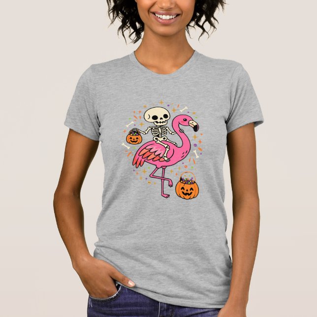 Camiseta Balde de Doces de Esqueleto de Flamingo de Hallowe (Frente)