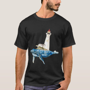 Camiseta Baleia Azul com farol ao fundo. Aquarela