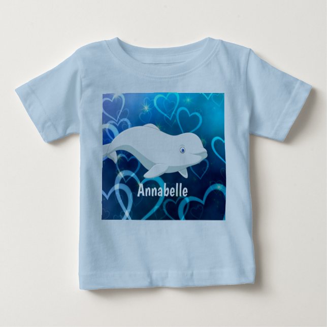 Camiseta Baleia Beluga Personalizada e Corações Azuis Ártic (Frente)