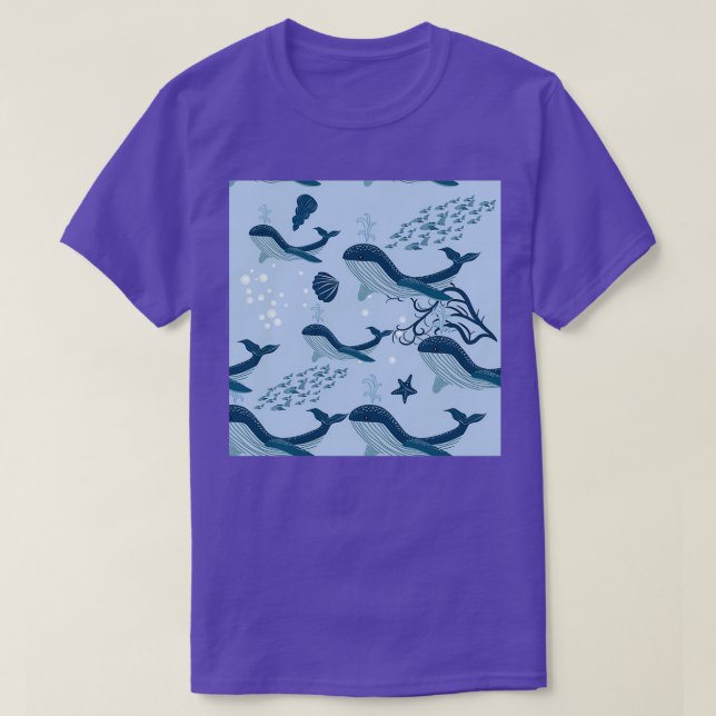 Camiseta baleia com elementos de vida subaquática algas mar (Frente do Design)