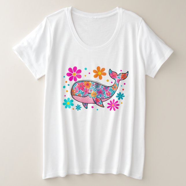 Camiseta Baleia de Verão Floral de pré-disquete (Frente do Design)