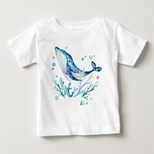 Camiseta Baleia e corais, ilustração das aquarelas (Frente)