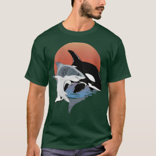 Camiseta Baleia e tubarão de corca-branca-feminina no pôr d