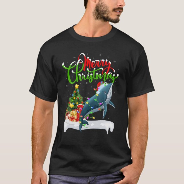 Camiseta Baleia Engraçada Lover Xmas Iluminação Salva Balei (Frente)