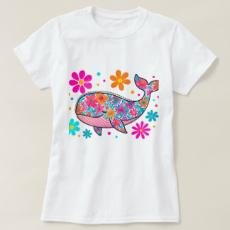Camiseta Baleia Floral com Flores Coloridas - Oceano Boho
