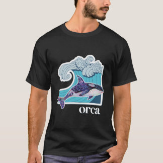 Camiseta Baleia Orca Com Onda do Oceano Desenhada à Mão