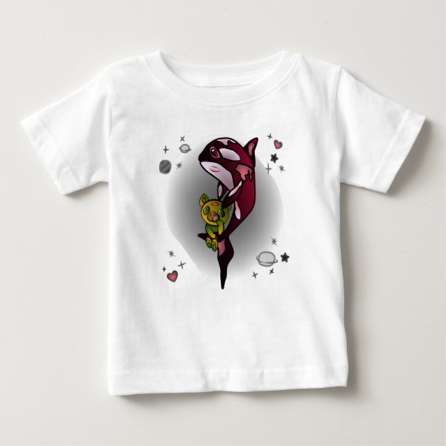 Camiseta Baleia Orca com Urso de Teddy no Espaço Design grá (Frente)