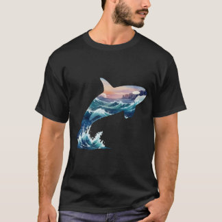 Camiseta Baleia Orca Mística Onda do Oceano Dupla Exposição