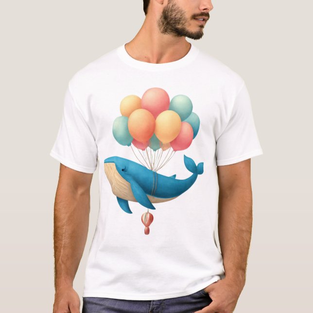 Camiseta Baleia Voadora com Arte Pastel Balloons (Frente)