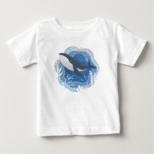 Camiseta Baleias e corais na Ilustração de Arte em Papel Oc
