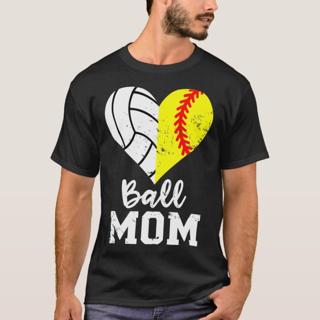 Camiseta Ball Mãe Coração Engraçada Mãe de Voleibol Softbal (Frente)