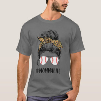 Camiseta Ball Momma Life Messaging Bun Leopard Teeball Momm