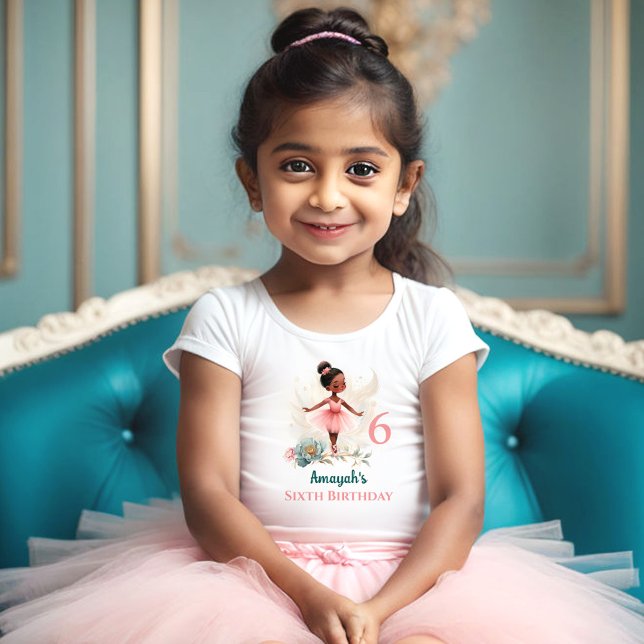 Camiseta Ballerina Dark Skin Pink Teal Name Birthday Girl (Ballerina Dark Skin Pink Teal Floral Birthday Girl Toddler T-shirt)