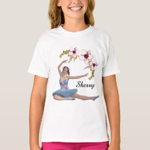 Camiseta Ballerina em Azul Nome Pessoal Flores Rosa
