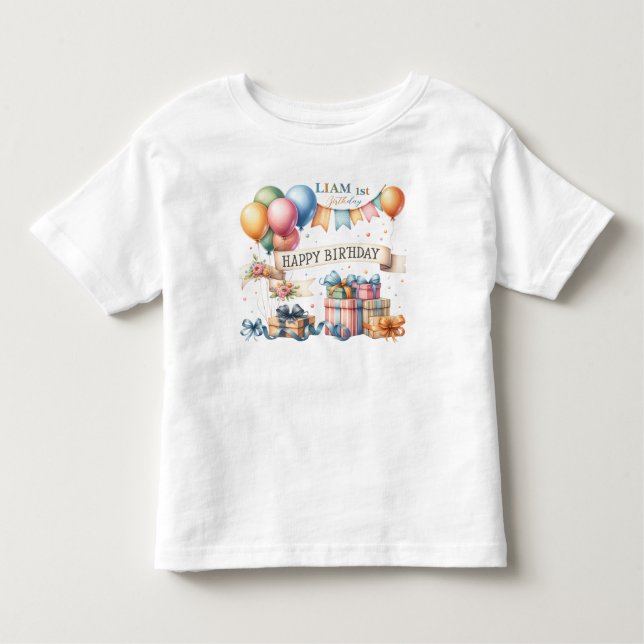Camiseta Balões de Urso de Pelúcia Crianças Foto Aniversári (Frente)