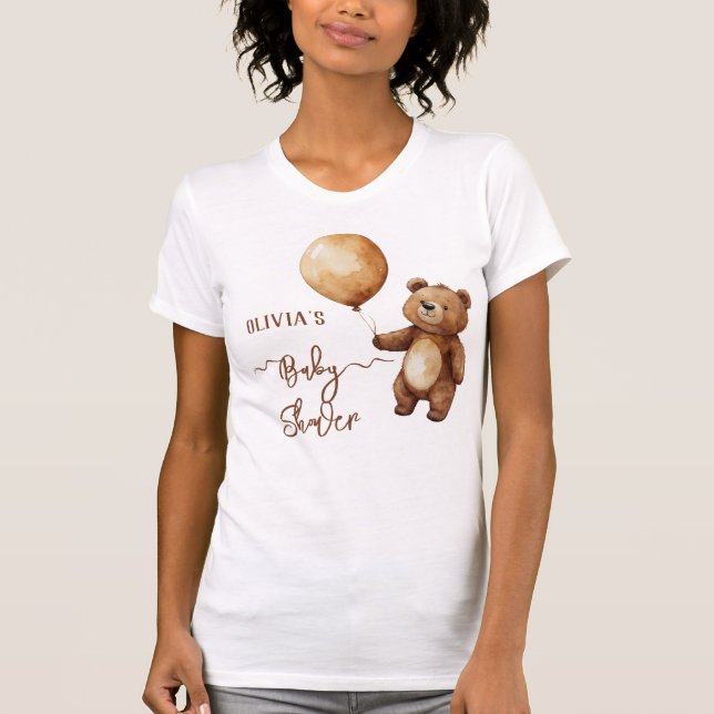 Camiseta Balões de Urso Nuvens Esperam Chá de fraldas Brilh (Frente)