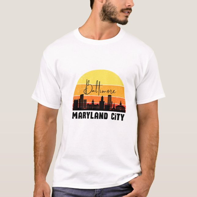 Camiseta Baltimore Maryland City Skyline Sunset Retro Graph (Frente)
