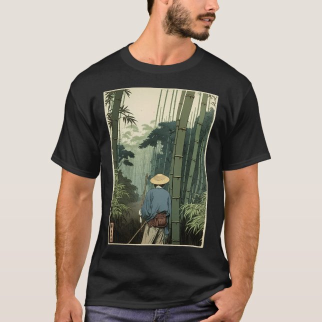 Camiseta Bambu Japonês Grove Woodblock Natureza Espiritual (Frente)