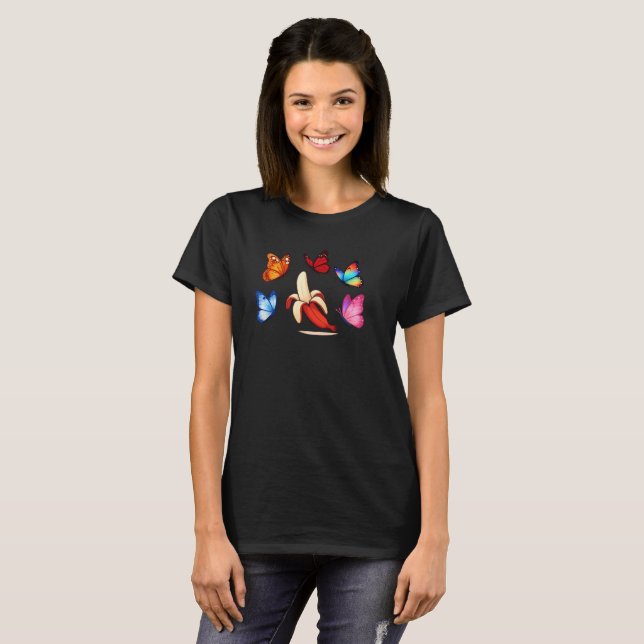 Camiseta Banana Divertida com Borboletas Voadoras (Frente Completa)