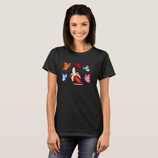 Camiseta Banana Divertida com Borboletas Voadoras (Frente Completa)