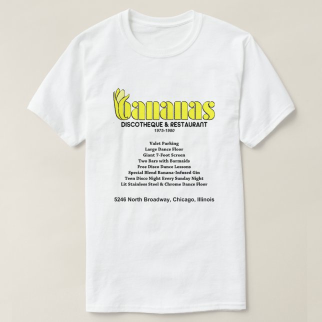 Camiseta Bananas Discovery and Restaurant, Chicago, IL (Frente do Design)