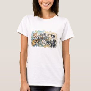 Camiseta Banda de Gato Divertida Música Piano Bateria Tecla