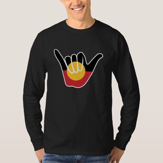 Camiseta Bandeira aborígene australiana sinal Shaka pendura (Frente)