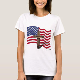 Camiseta Bandeira Americana Acenando e Cruz Rústica