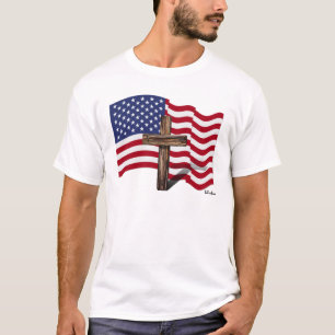 Camiseta Bandeira Americana Acenando e Cruz Rústica