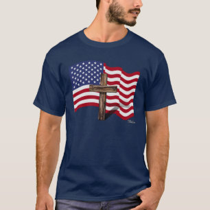 Camiseta Bandeira Americana Acenando e Cruz Rústica