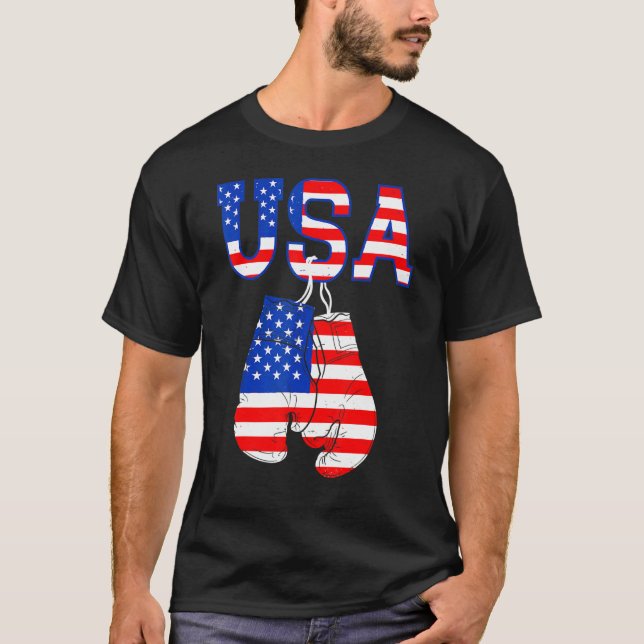 Camiseta Bandeira Americana Boxando Luvas No Dia 4 De Julho (Frente)