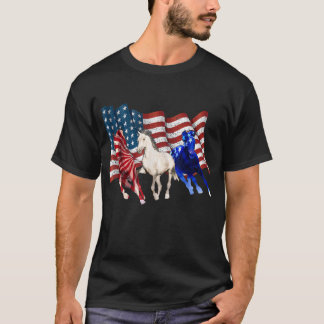 Camiseta Bandeira Americana Cavalos Vermelho Patriótico Azu