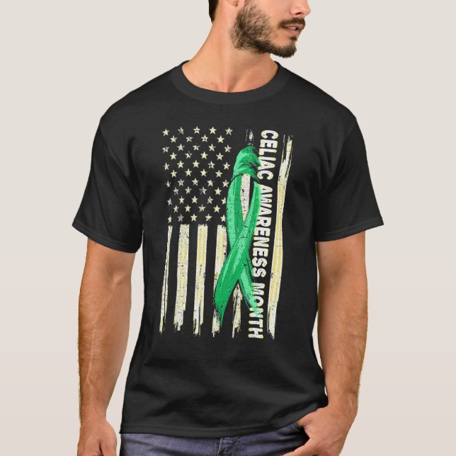 Camiseta Bandeira Americana Celiac Ribbon Para Sensibilizaç (Frente)