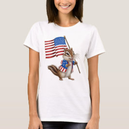 Camiseta Bandeira Americana com Esquilo de Desenho Animado 