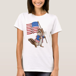 Camiseta Bandeira Americana com Esquilo de Desenho Animado 