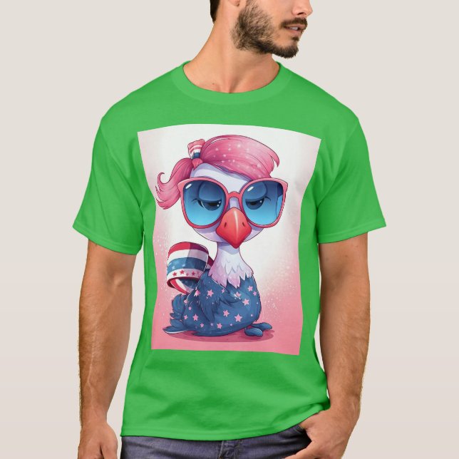 Camiseta Bandeira Americana com Flamingo Cartoon-14484 (Frente)