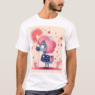 Camiseta Bandeira Americana com Flamingo Cartoon Metal Impr
