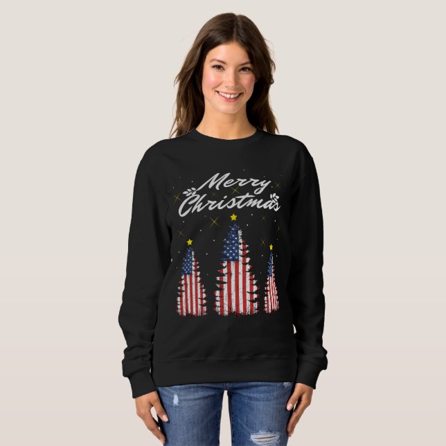 Camiseta Bandeira Americana da Árvore Feliz de Natal (Frente Completa)