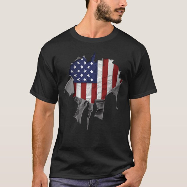 Camiseta Bandeira Americana Destruída, Rasgada e Rasgada (Frente)