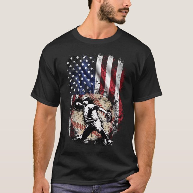 Camiseta Bandeira Americana do Baseball Pitcher EUA (Frente)