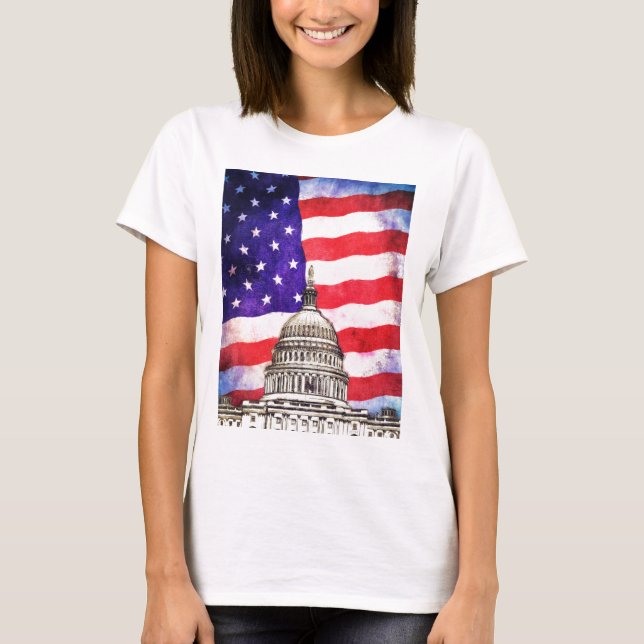 Camiseta Bandeira Americana E Edifício Capitol (Frente)