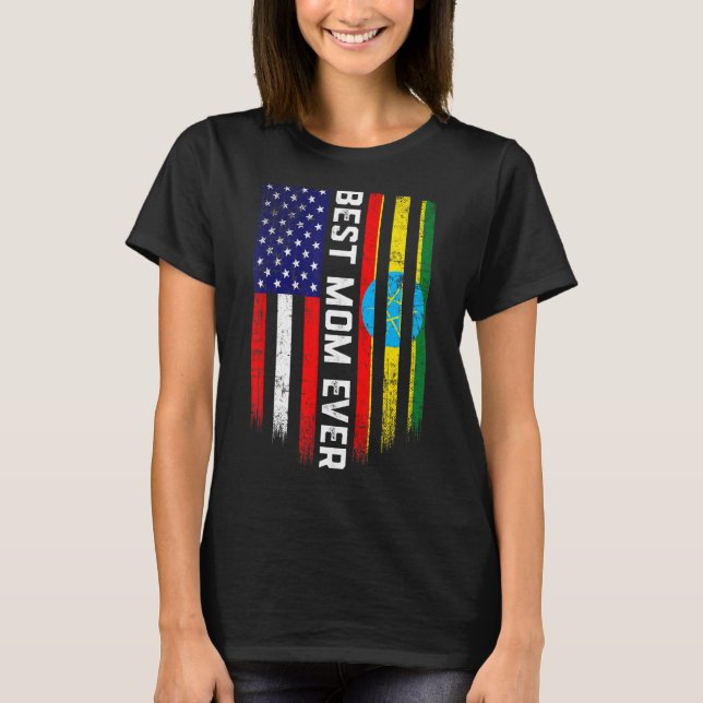 Camiseta Bandeira Americana e Etiópia A Melhor Mãe Da Famíl (Frente)