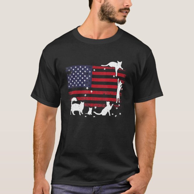Camiseta Bandeira Americana E Gatos Brincadinhos Brincando  (Frente)