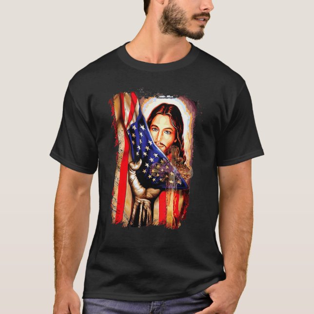 Camiseta Bandeira Americana E Jesus Faith Christian 4th De  (Frente)